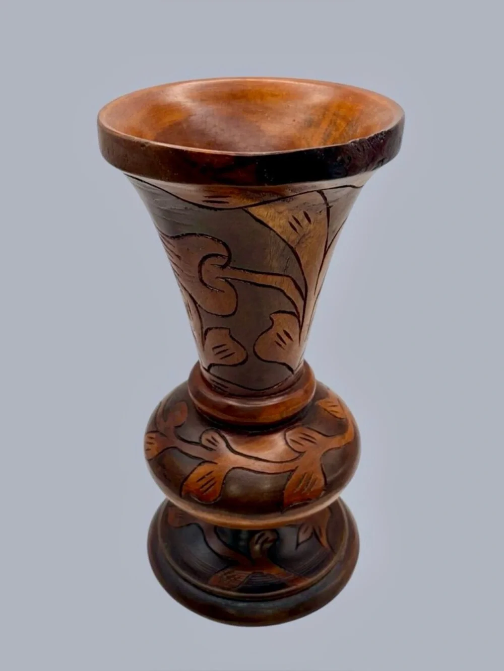 Vintage Hand Carved Wood Vase Floral Motif Pedestal Urn Rustic Decor 11